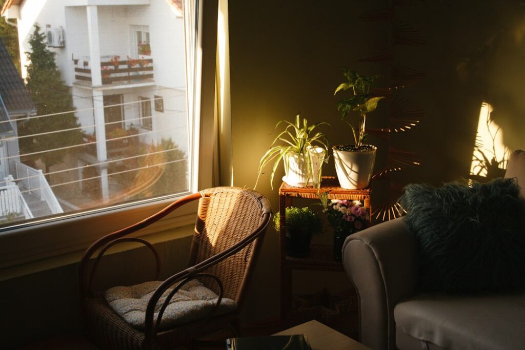 a room with a window and a couch