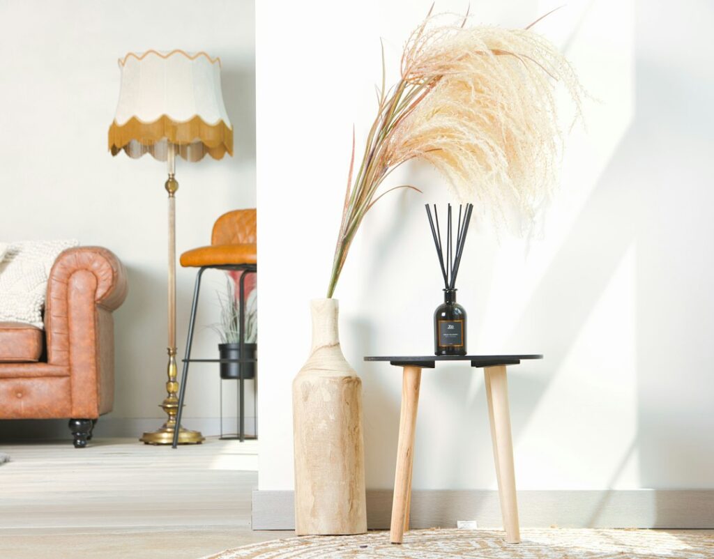 a couple of lamps on a table
